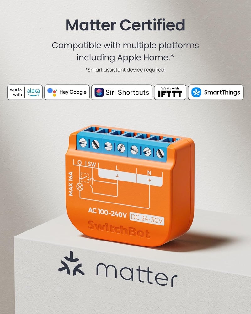 SwitchBot Matte Relay Switch 1PM, WiFi Switch Compatible with Alexa/Apple Home/Google Home, Power-Measuring Relay Switch Module with Integrated Bluetooth Repeater, Bluetooth & WiFi 2.4GHz, 16A - Image 3